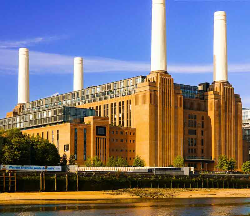 The 4 iconic chimnies and imposing brick-built Art Deco exterior.