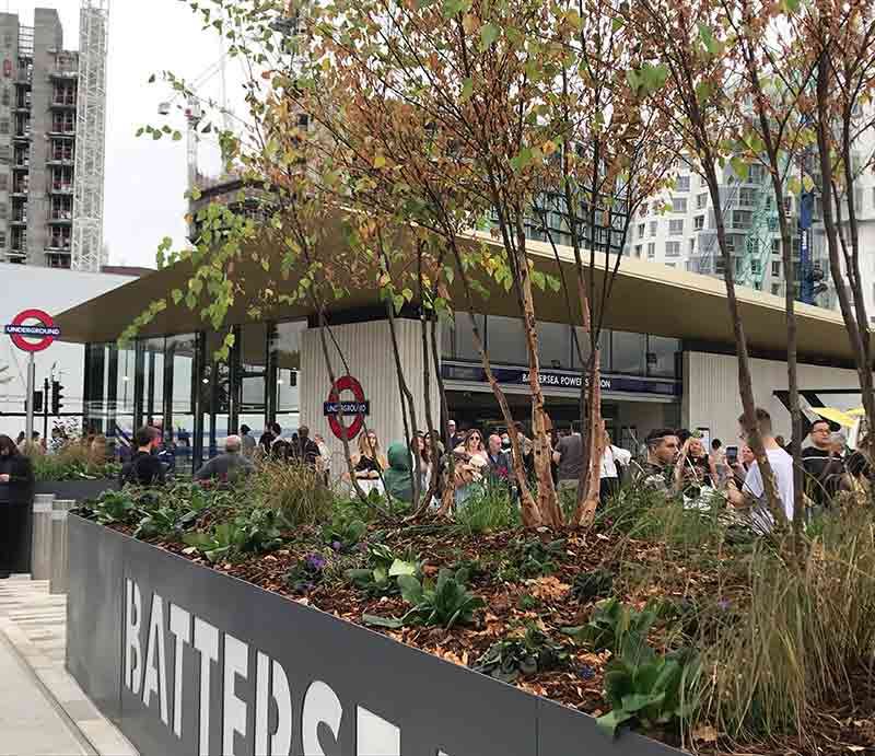 Battersea Power STaion Tube The new ungerground station through newly planted trees.
