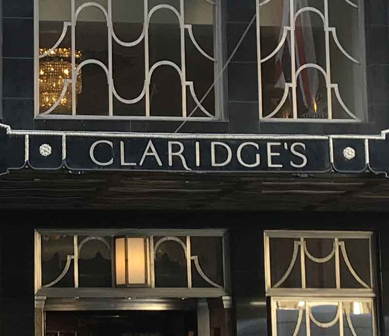 Claridge's sign Art deco style font and windows.