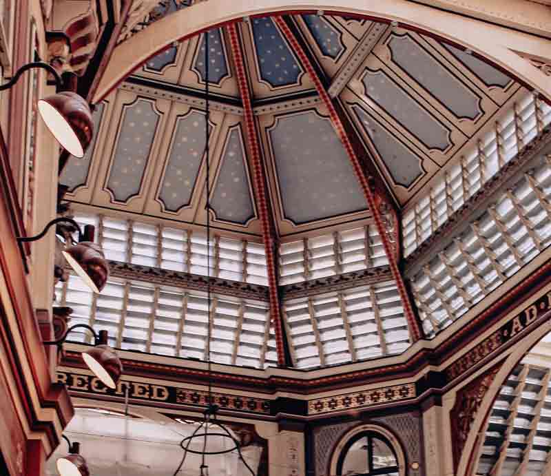 Leadenhall Market roof Ornate Victorian decoration and metal work.