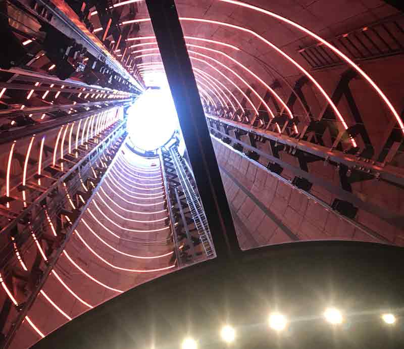 Lift 109 Looking up the chimney through the glass roof.