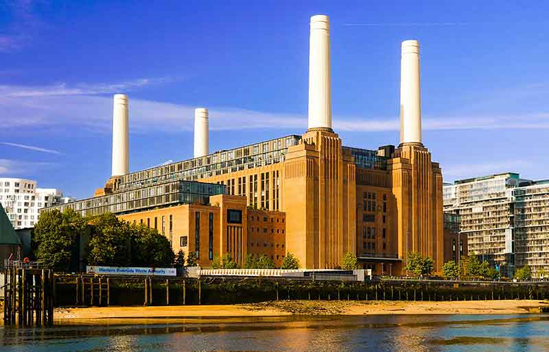 Battersea Power Station The 4 iconic chimnies and imposing brick-built Art Deco exterior.