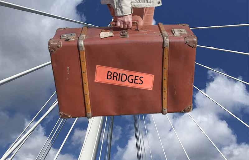 Bridges Vintage brown leather suitcase with category travel label on Golden Jubilee bridge support cables.