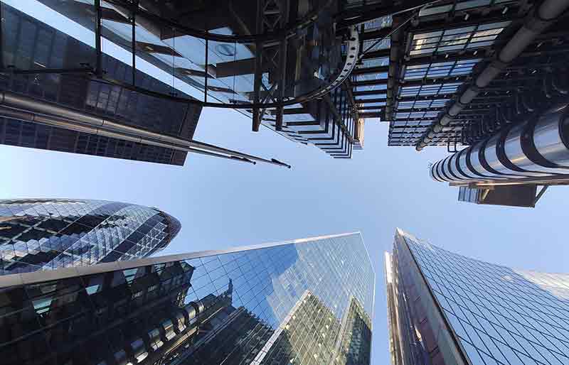 City Skyscrapers Composite looking straight up at the major tall buildings in the City of London.