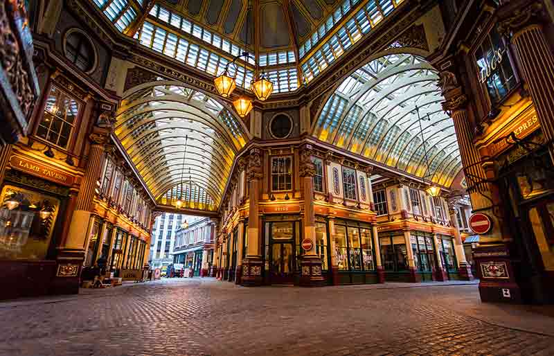 Leadenhall Market The Victorian architecture, shops, and cobbled pavement.