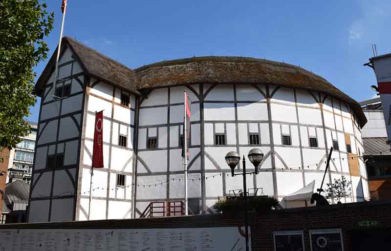 Shakespeare's Globe Exterior of the circular black and white timber framed building.