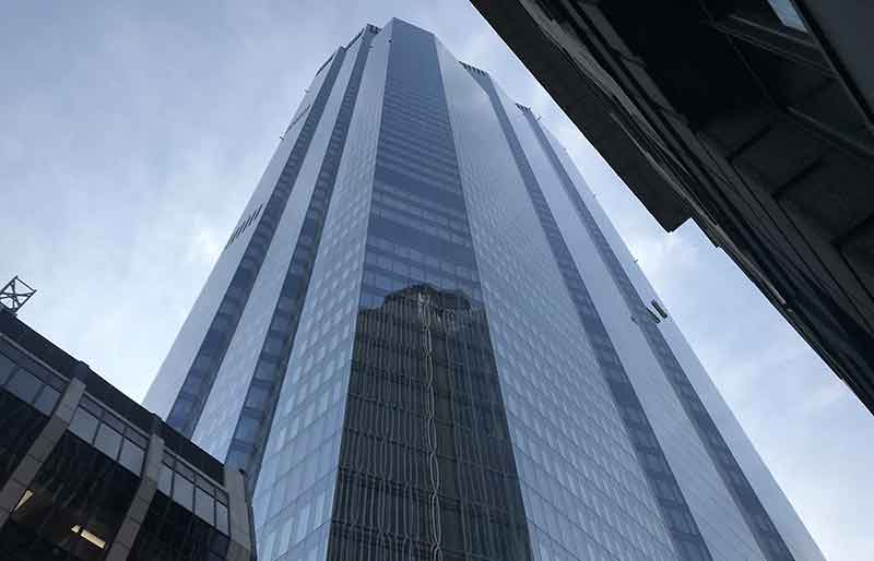Towering glass exterior.