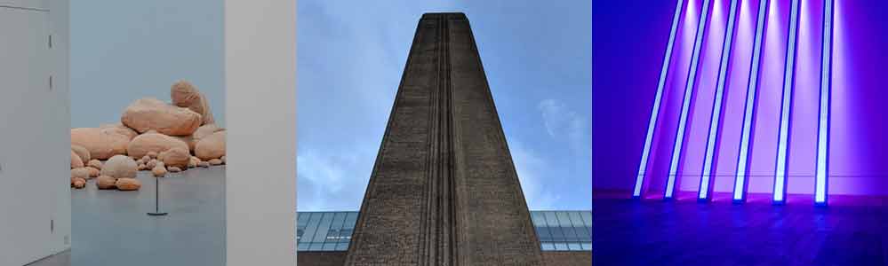 Tate Modern Art instalations and the 99 metres tall Bankside chimney.