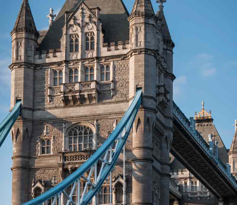 Tower Bridge Victorian Gothic Revival architectural style shown in close up of one of the towers.