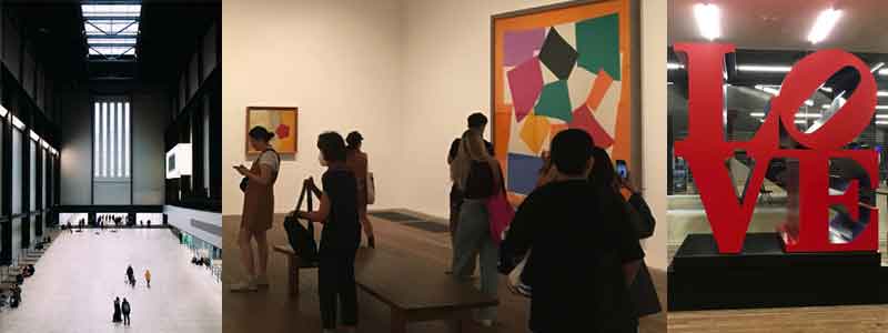 Tate Modern montage Turbine Hall, Matisse exhibition & Robert Indiana LOVE sculpture.