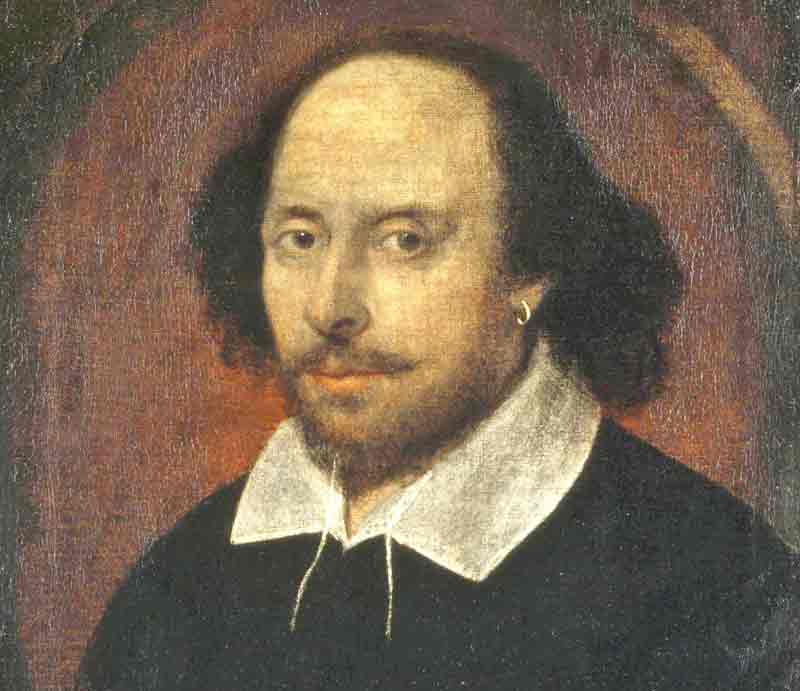 Chandos portrait Painting of William Shakepeare with long hair and beard.